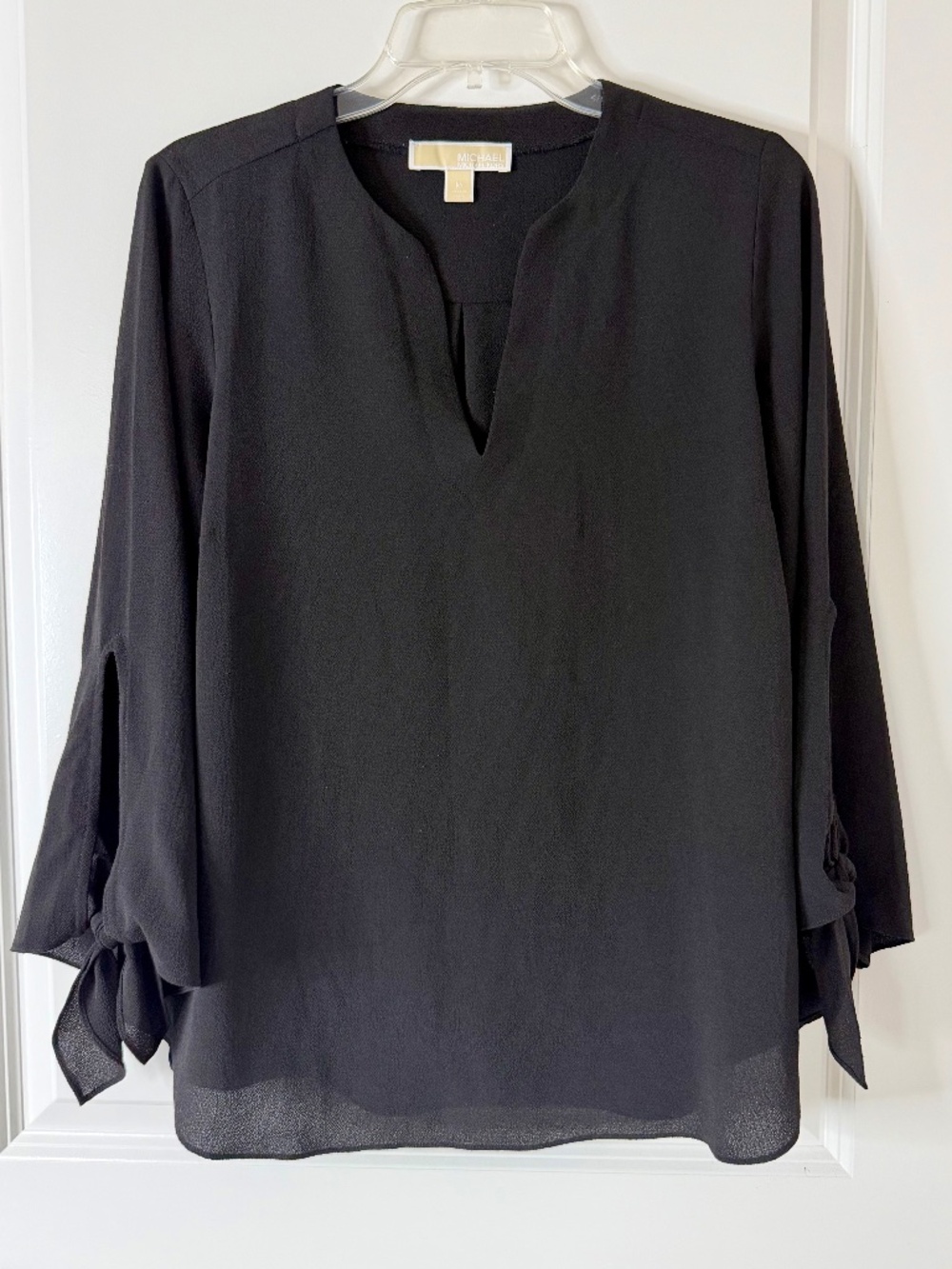 MICHAEL Michael Kors Black Split Neck Tie Sleeve Blouse, Size M